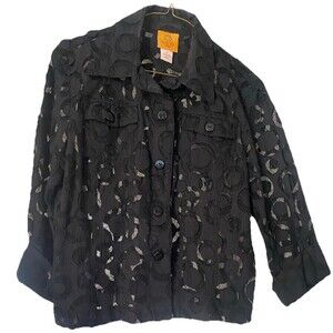 Ruby Rd Size 14P  Button Up Sheer 3/4 Sleeve Shirt Blouse Black Cotton Blend